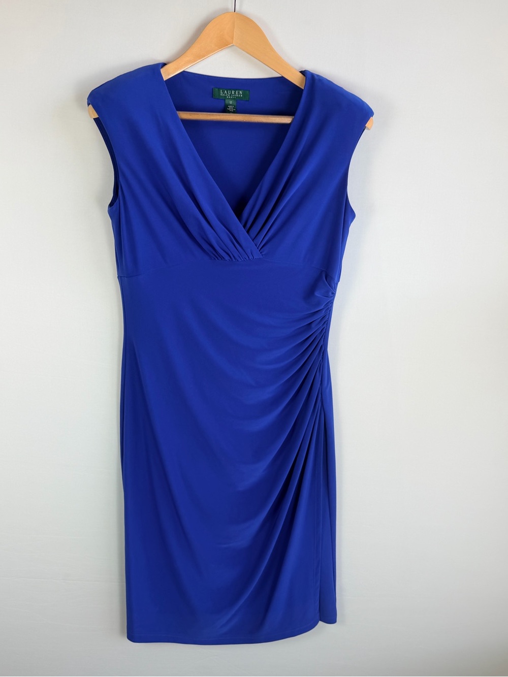 Lauren Ralph Lauren Dress Size 12 Cobalt Blue Ruched Faux Wrap Sheath